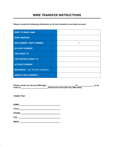 Wire Transfer Instructions Form Template â Word & Pdf